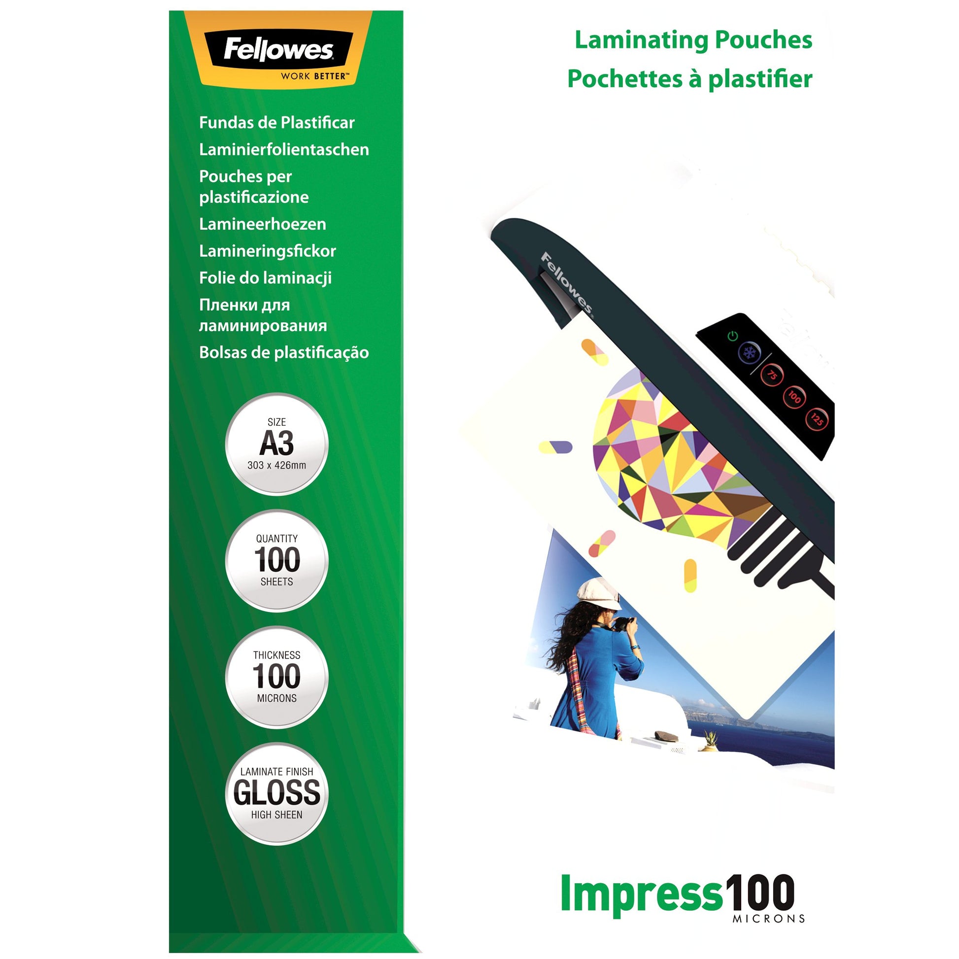 Fellowes Laminierfolien A3 glänzend – 100 µm, 303 × 426 mm, 100 Stk.