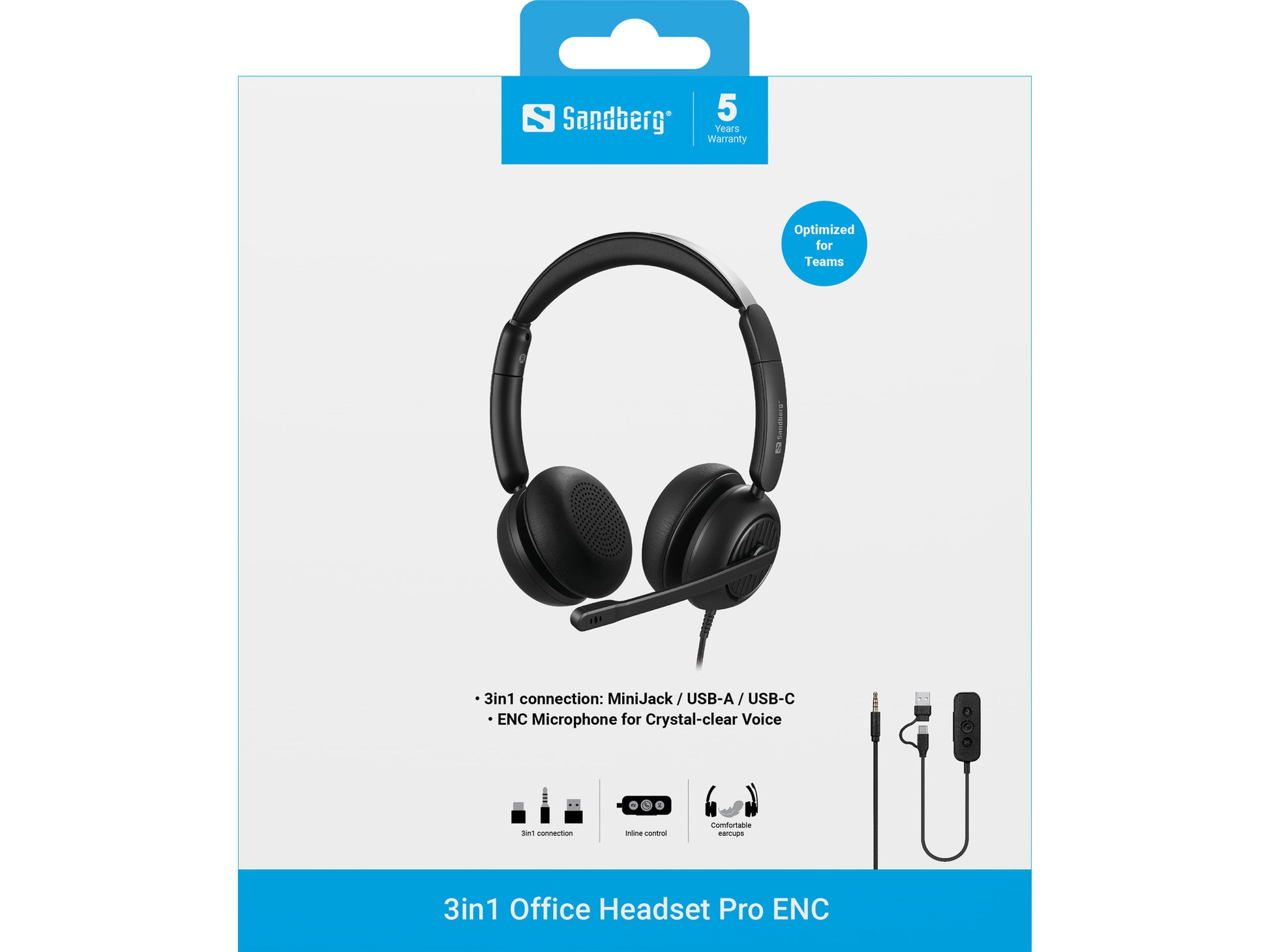 Sandberg 126-54 Office-Headset – On-Ear, Stereo, Kabel, 3,5 mm Klinke + USB-A/USB-C, Schwarz