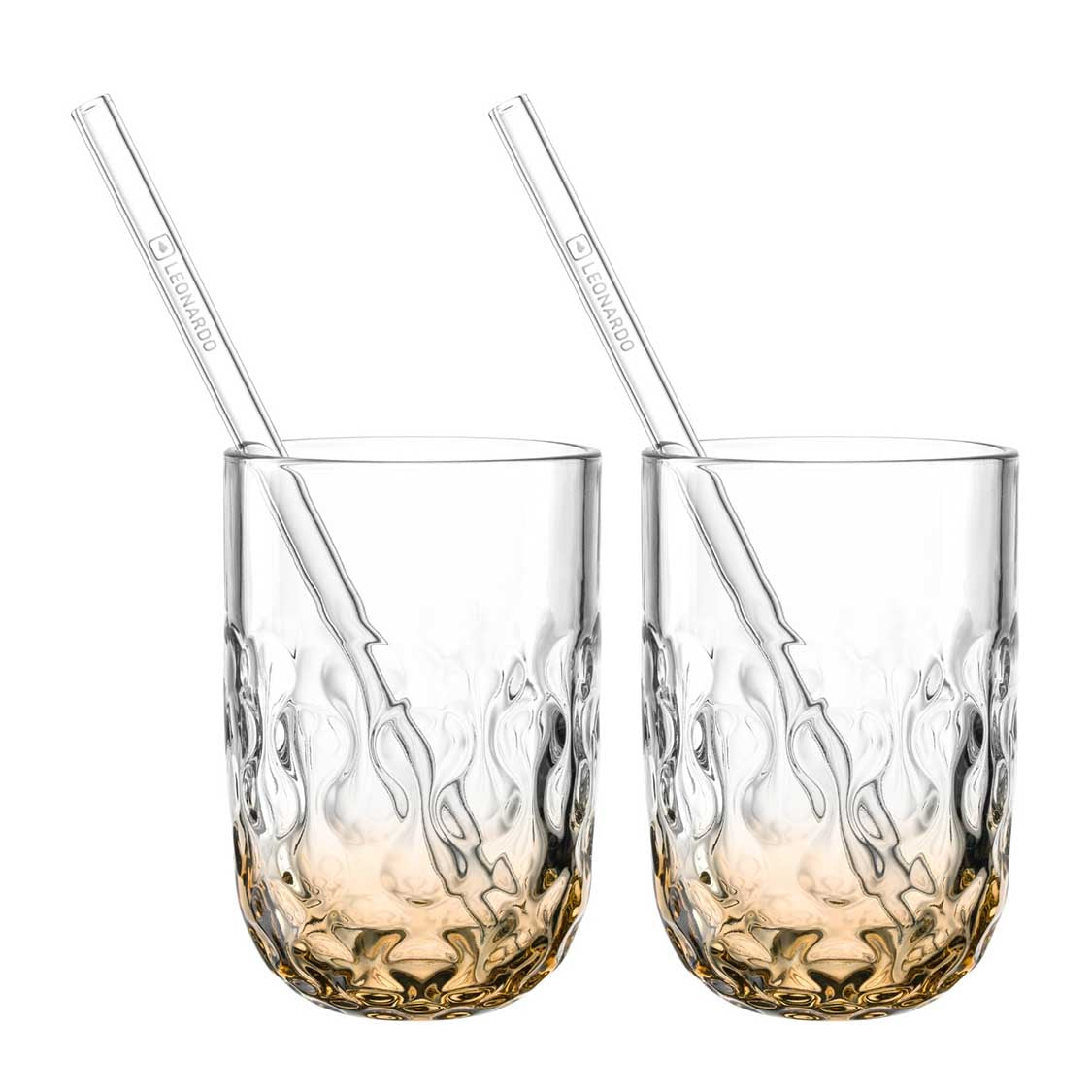 LEONARDO Latte Macchiato Becher GOCCE – 4-teiliges Set, 390 ml, Ø 7,9 cm, H 12,2 cm, Kalk-Natron-Glas, Orange