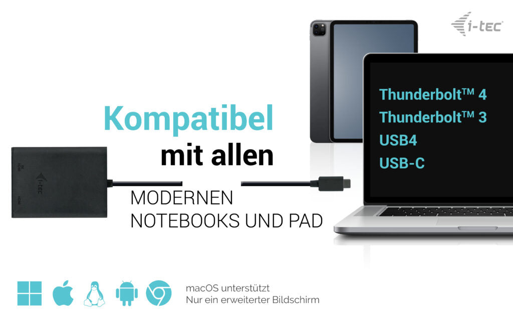 i-tec USB-C zu 2× HDMI Adapter – 8K (7680 × 4320) @ 30 Hz, 0,3 m, für Windows/macOS/Linux, Android/ChromeOS
