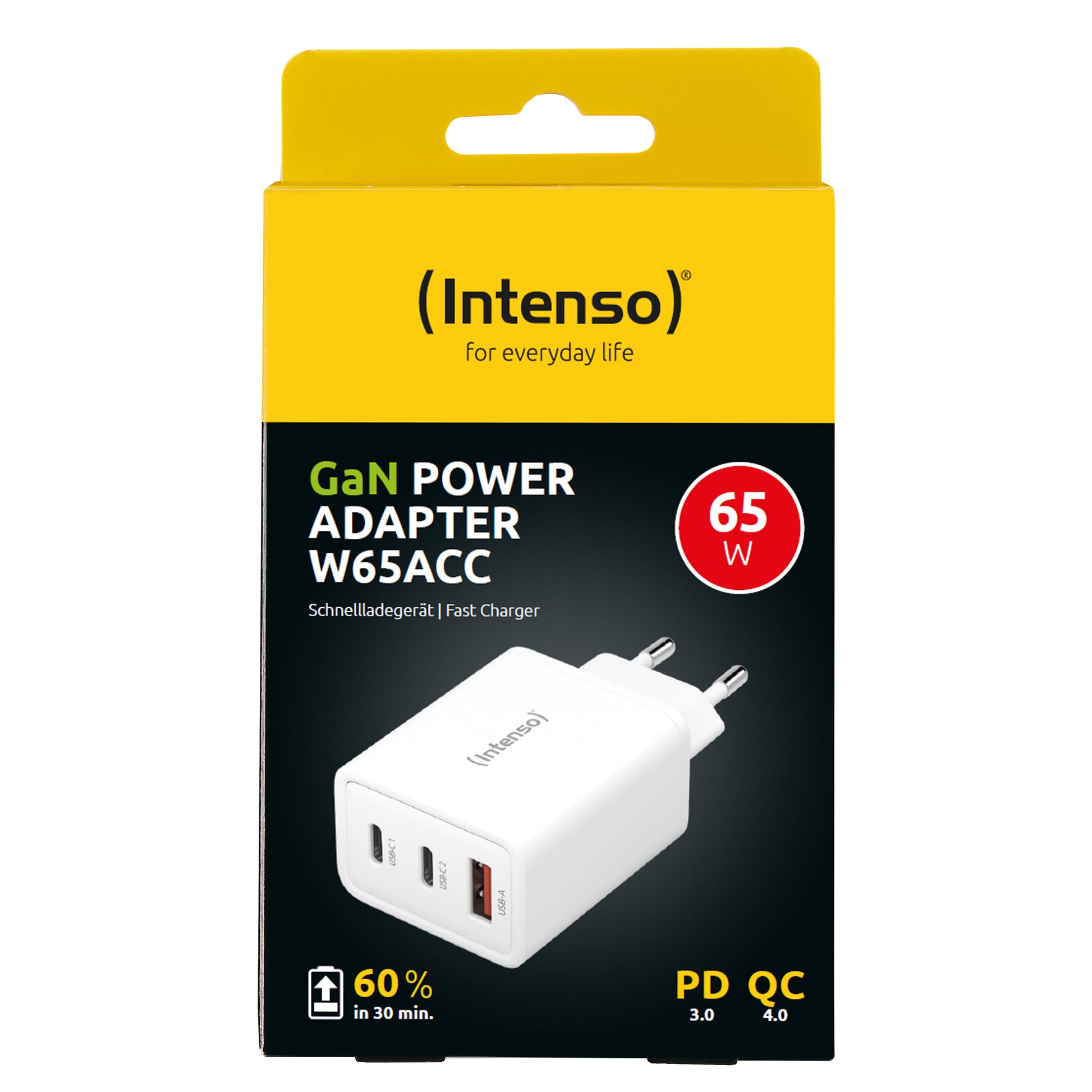 Intenso W65ACC USB-Ladegerät 65 W – USB-C×2, USB-A×1 – PD, GaN, EU-Stecker (Typ C) – Weiss