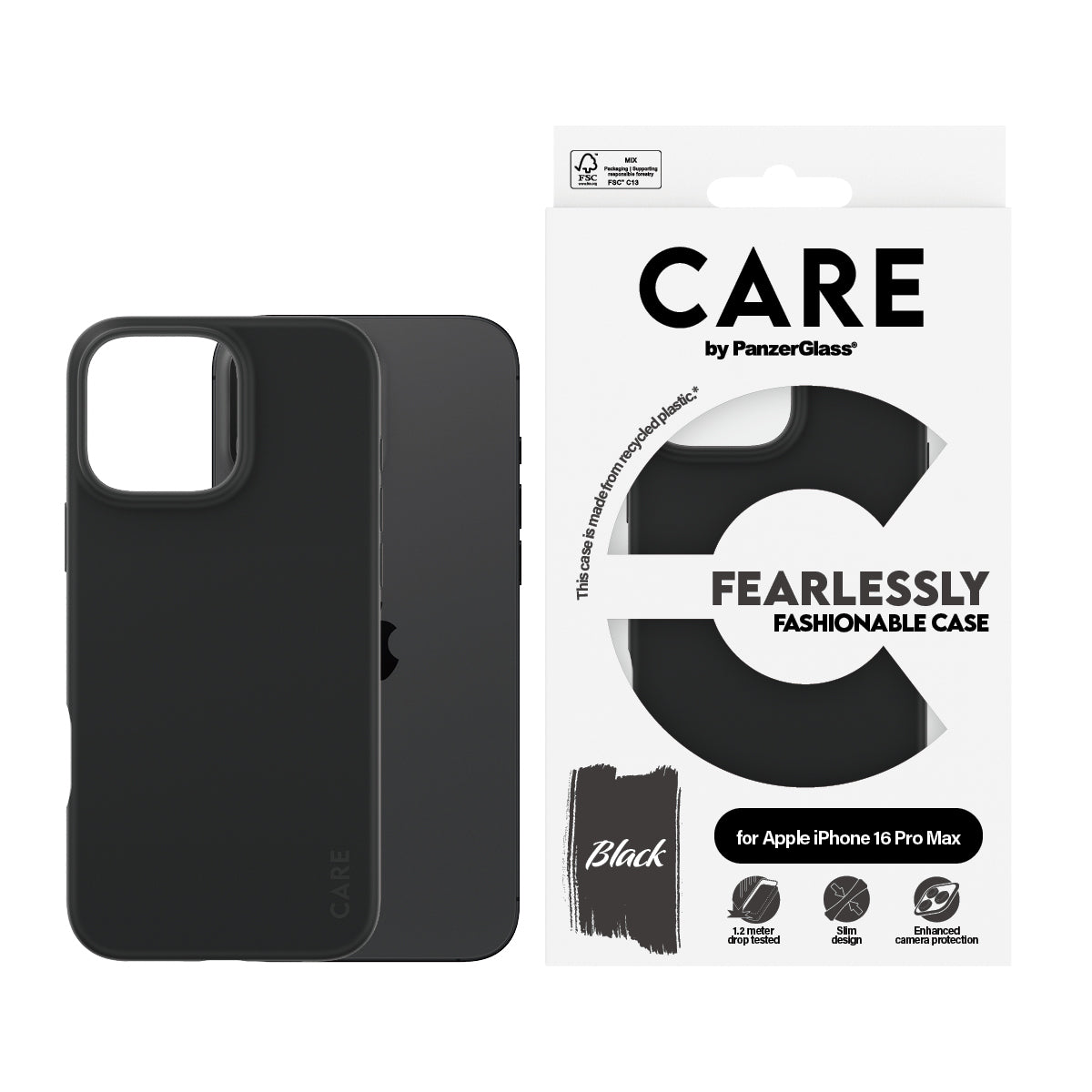 PanzerGlass CARE Backcover – für Apple iPhone 16 Pro Max, TPU+Silikon, Schwarz, bis 1,2 m sturzsicher