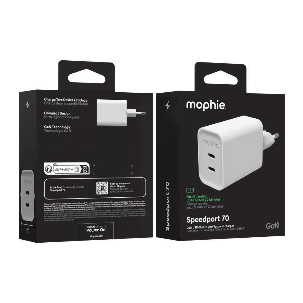 mophie Speedport 70 USB-Ladegerät 70 W – USB-C×2 – PD, GaN, EU-Stecker (Typ C) – Weiss