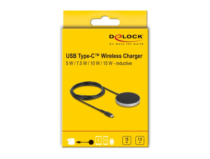 DeLOCK Kabelloses Ladepad 15 W – Qi, Schnellladung – für Smartphone, Smartwatch – Schwarz