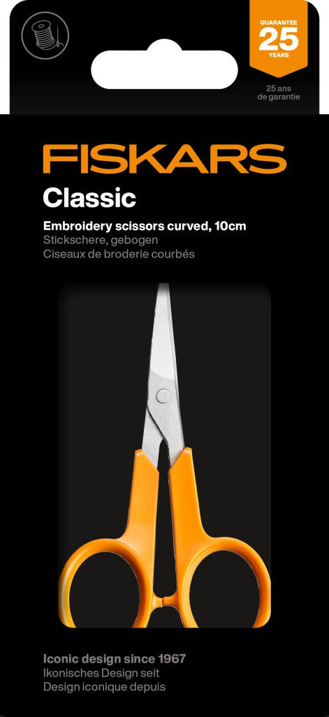 Fiskars Stickschere 10 cm – gebogen, beidhändig, orange