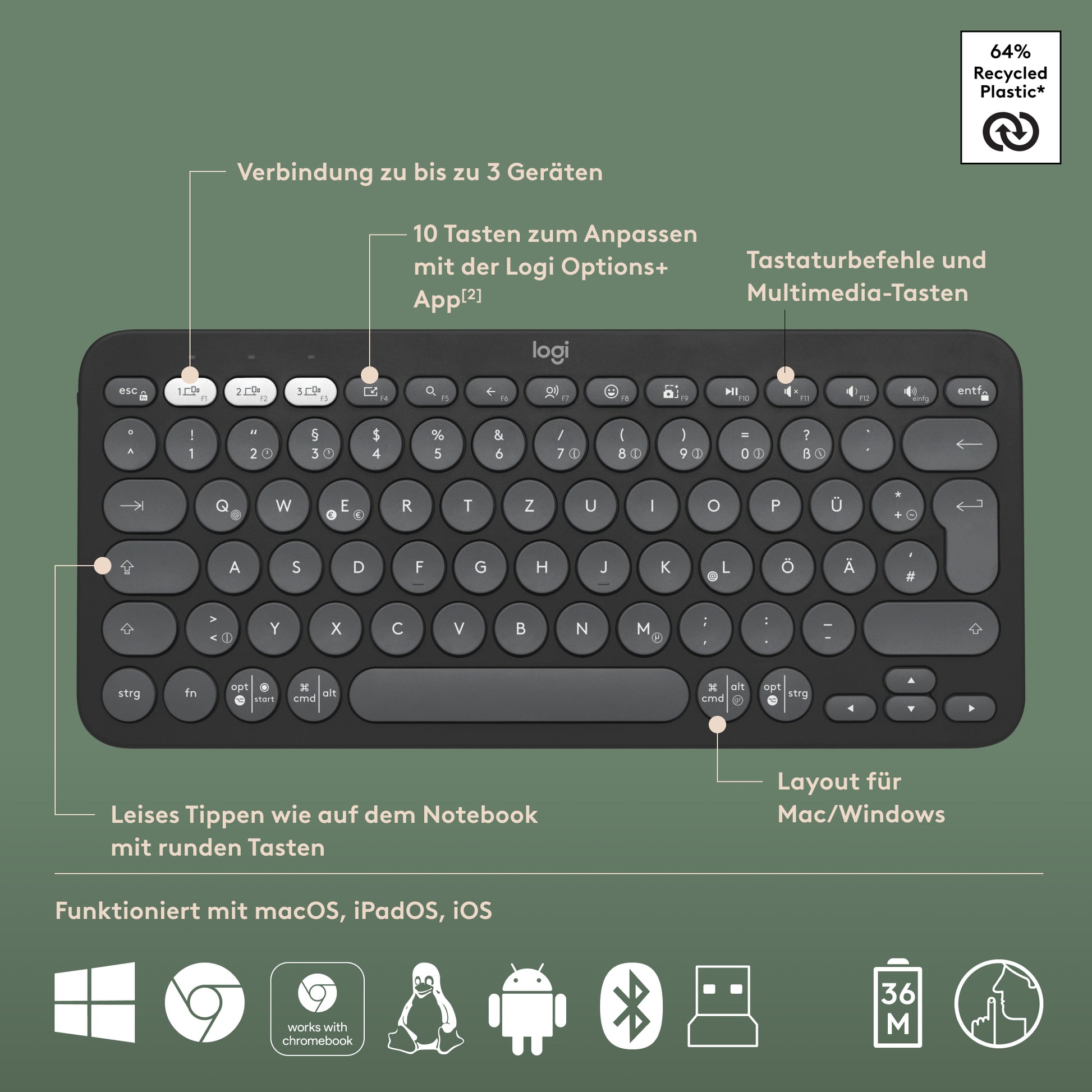 Logitech Pebble 2 Combo – Tastatur, kabellos (Bluetooth/2,4 GHz), DE-Layout (DE), Graphit