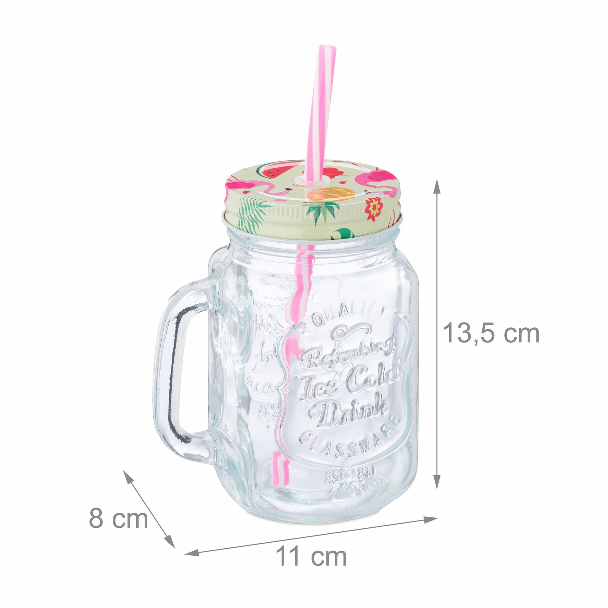 Relaxdays Trinkglas – 8er Set, 500 ml, 11,0 × 8,0 × 13,5 cm, Glas/Eisen, Transparent, mit Strohhalm