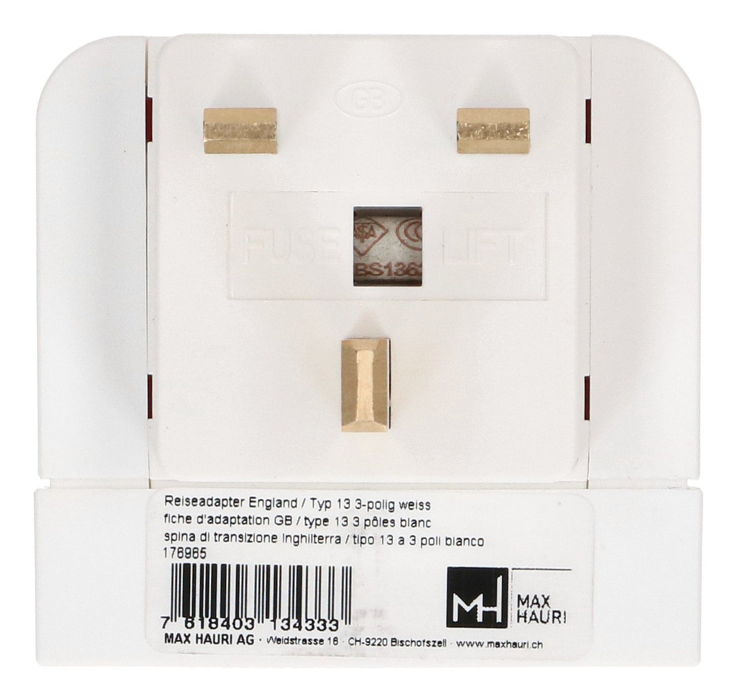 Max Hauri AG Max Hauri – Reiseadapter – von Typ 13 zu Typ G – geerdet – weiss – 1 Stk.