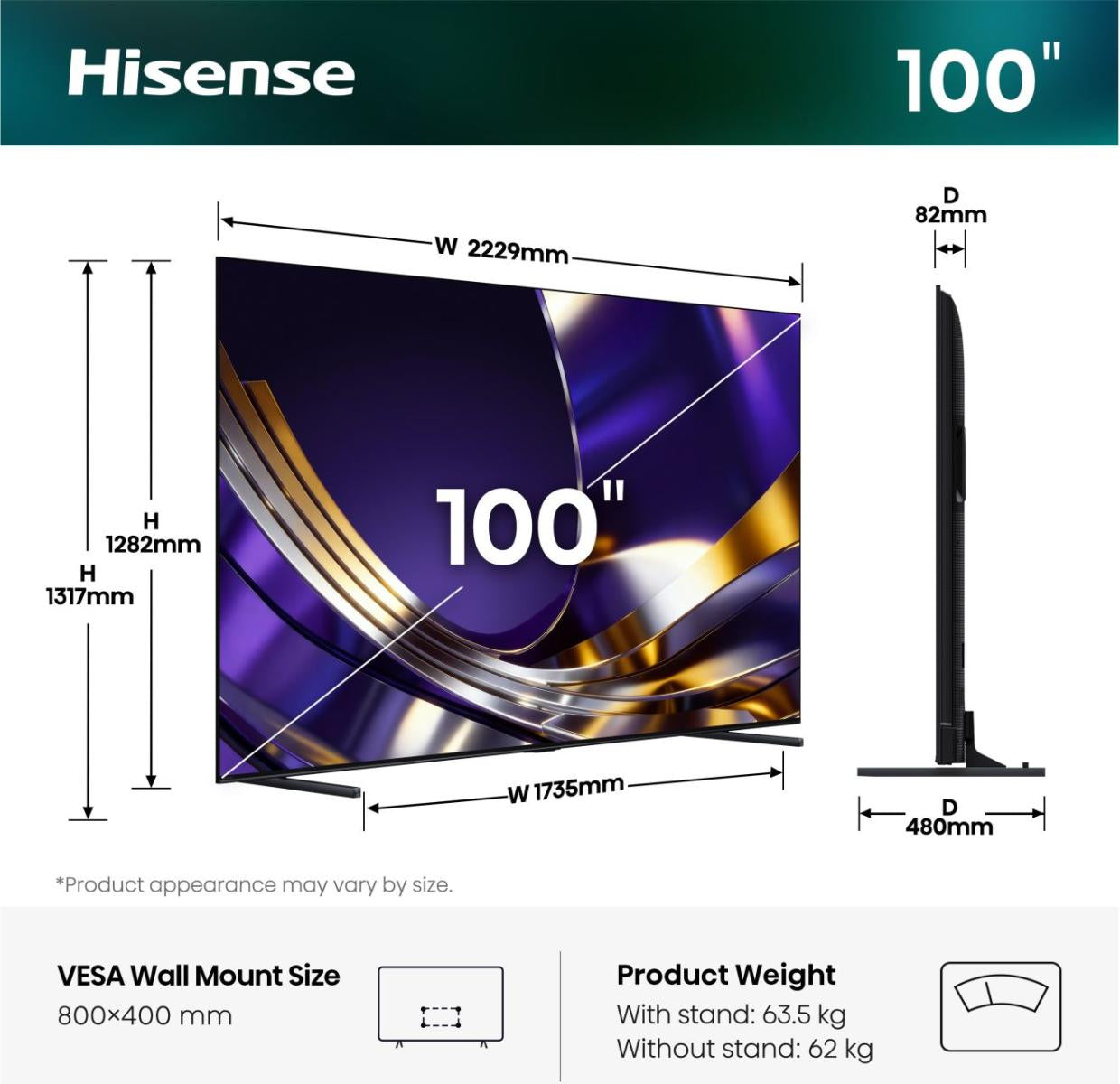 Hisense 100U7DS PRO – 100" Mini-LED TV – 4K UHD – VIDAA Smart OS – 165 Hz – 2400 cd/m²