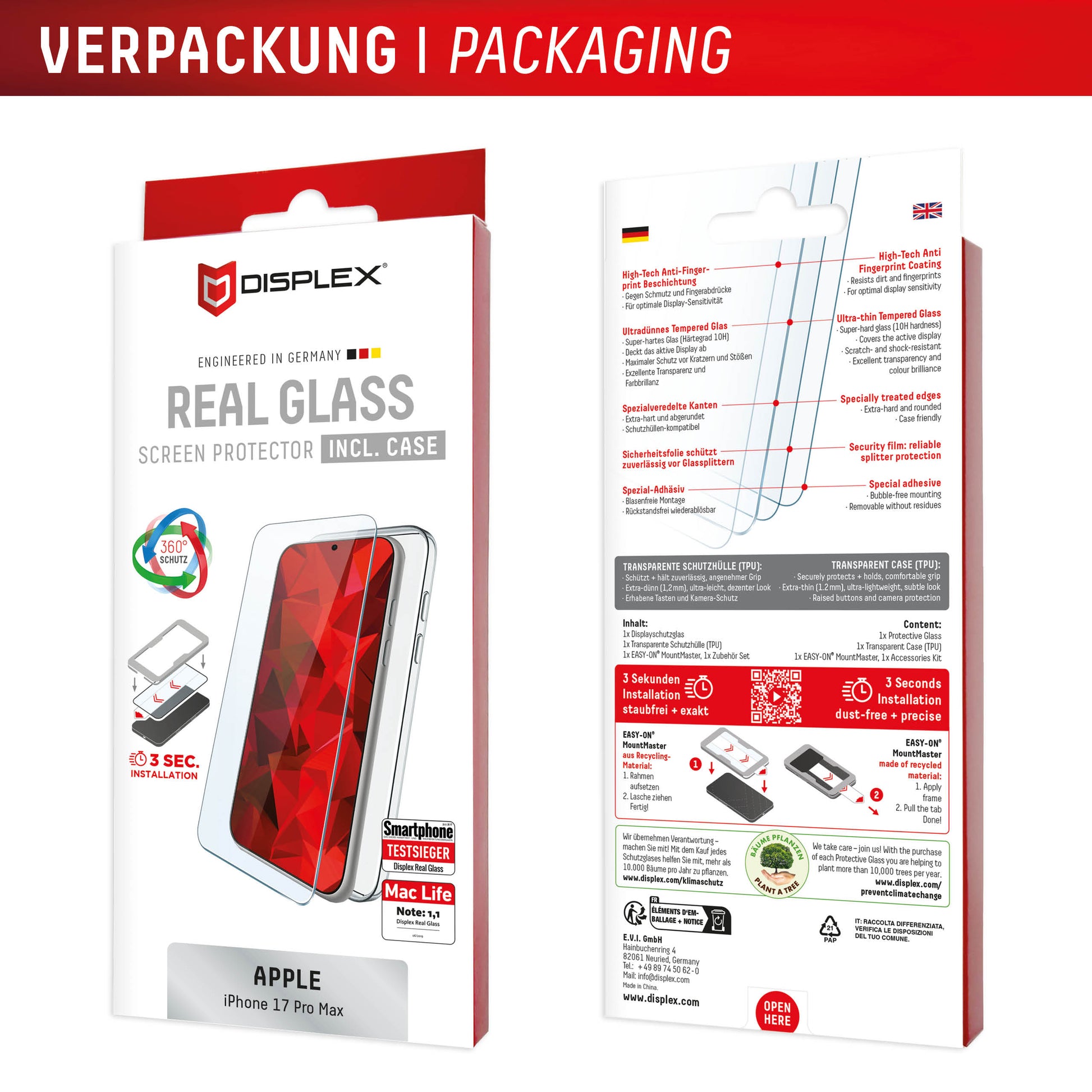 Displex Displayschutz (Panzerglas), 10H – für iPhone 17 Pro Max – mit Applikator