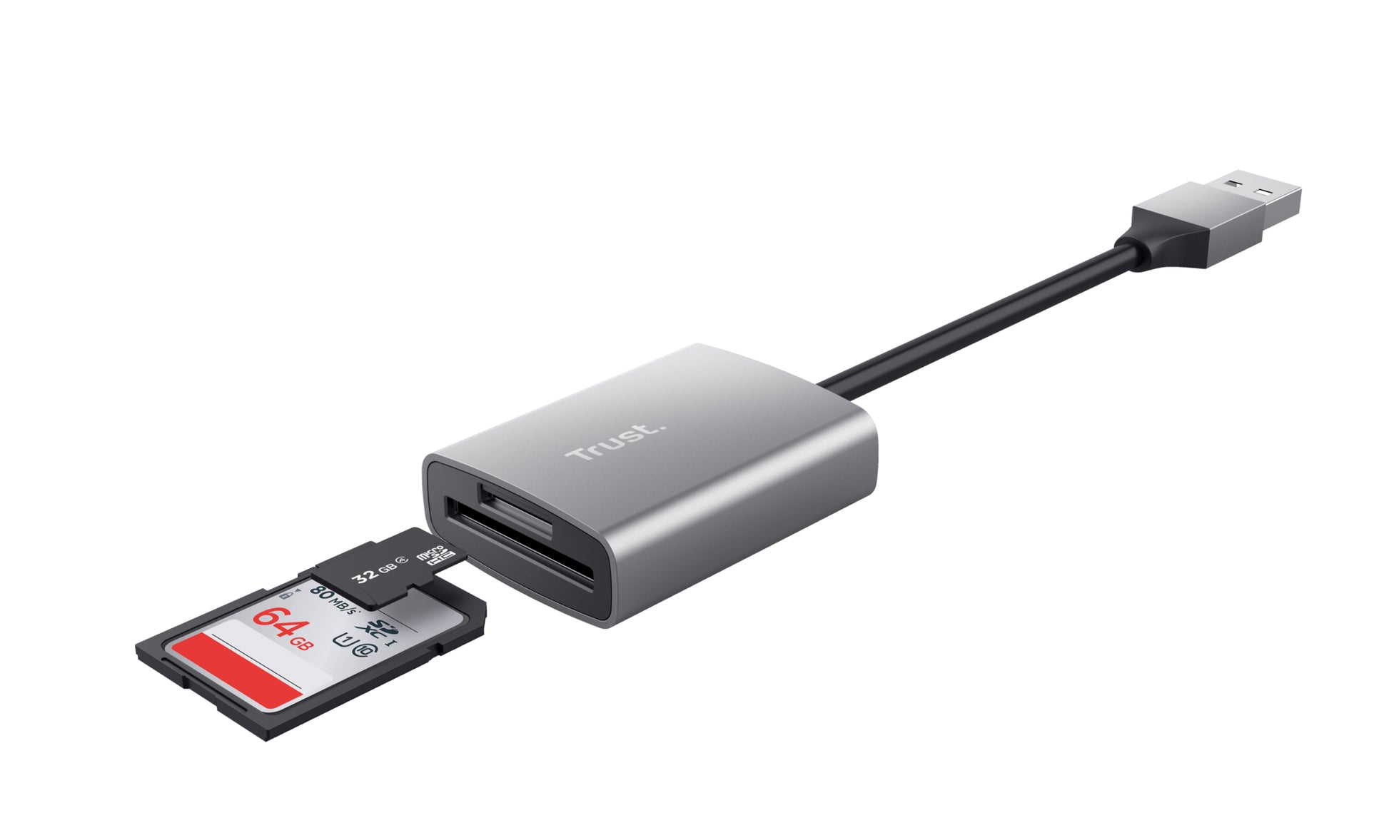 Trust Kartenleser – SD/microSD (SDHC/SDXC), 140 Mbit/s, USB-A, 0,08 m, USB 3.2 Gen 1 (5 Gbit/s) – Aluminium
