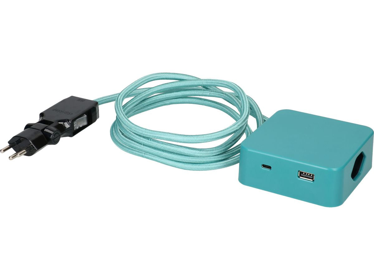 maxTEX Cube Steckdosenleiste – 3× T13, USB‑A/C, 2 m, ohne Schalter, IP20, schwarz/türkis