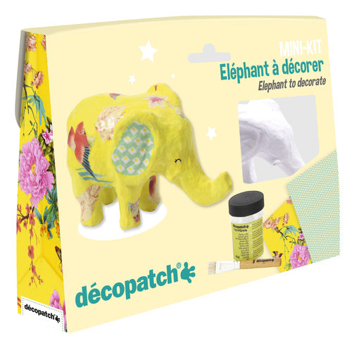 Décopatch KIT029C – Bastelset – Elefant – inkl. 1 Pappmaché-Tier, 2 Bögen, 1 Pinsel, 1 Klebelack – ab 5 Jahren