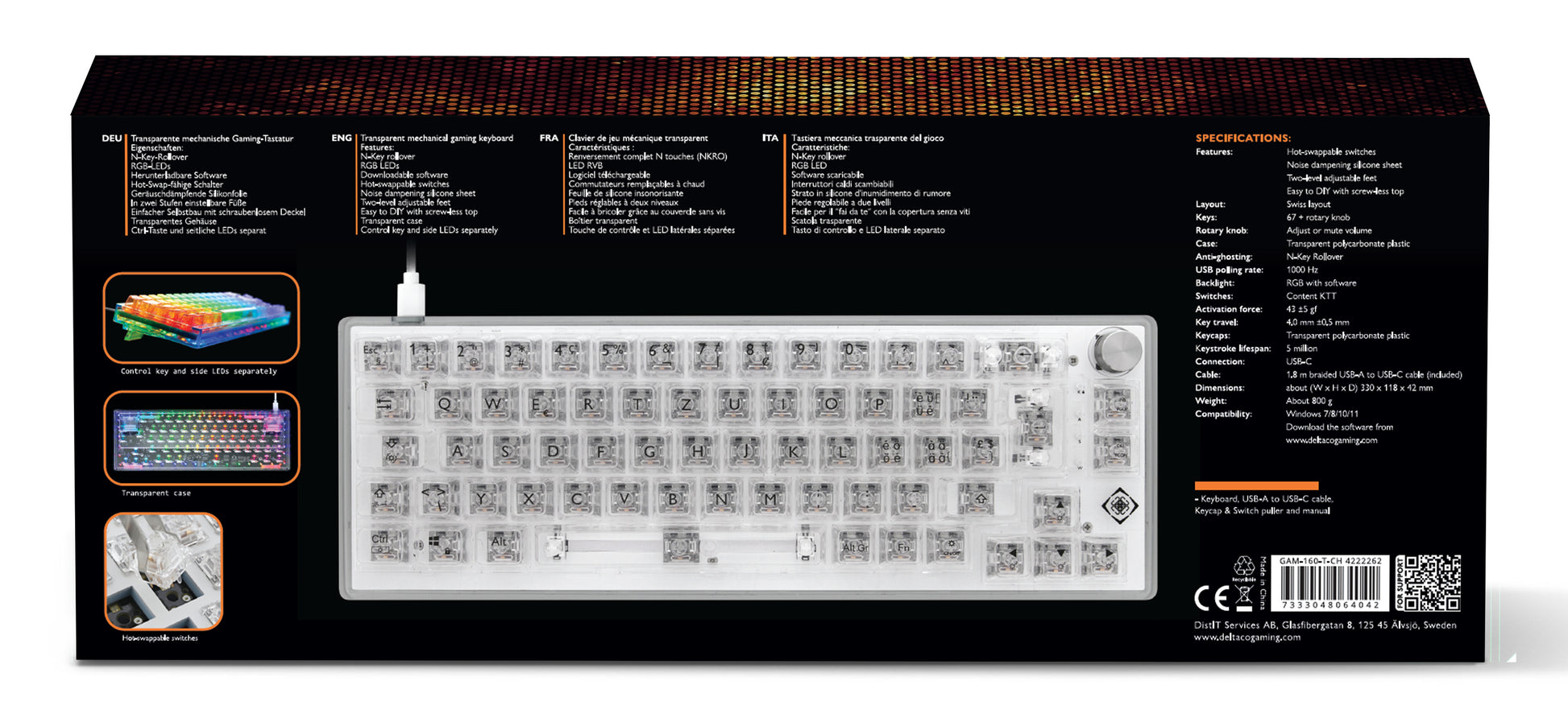 Deltaco Gaming GAM-160-T-CH – Gaming-Tastatur 65% – Mechanisch – Verkabelt, USB-C – QWERTZ (CH) – RGB