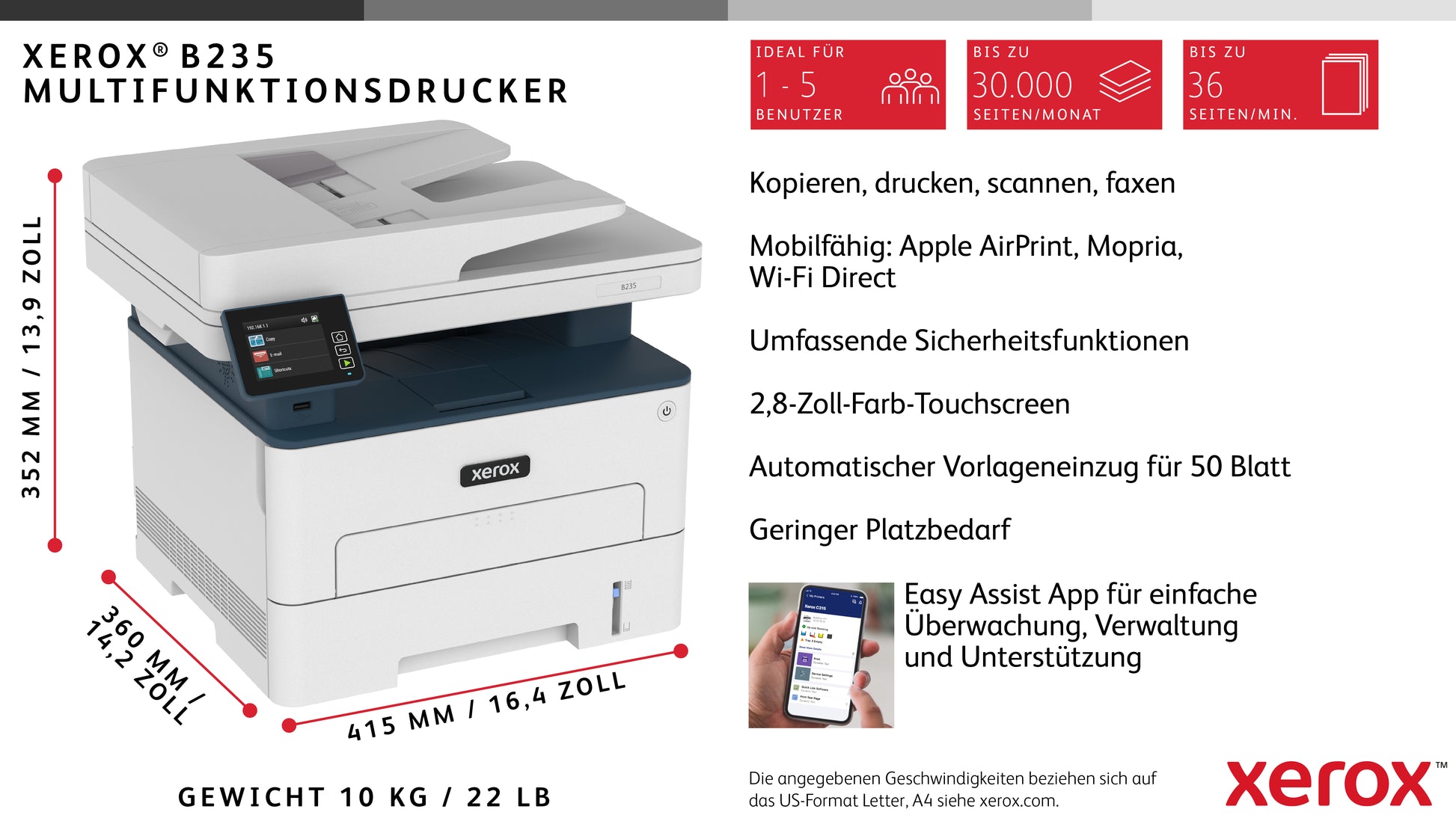 Xerox B235 – S/W Laser-MFP A4, 4-in-1 – WLAN – Duplex, ADF – 34 ppm S/W