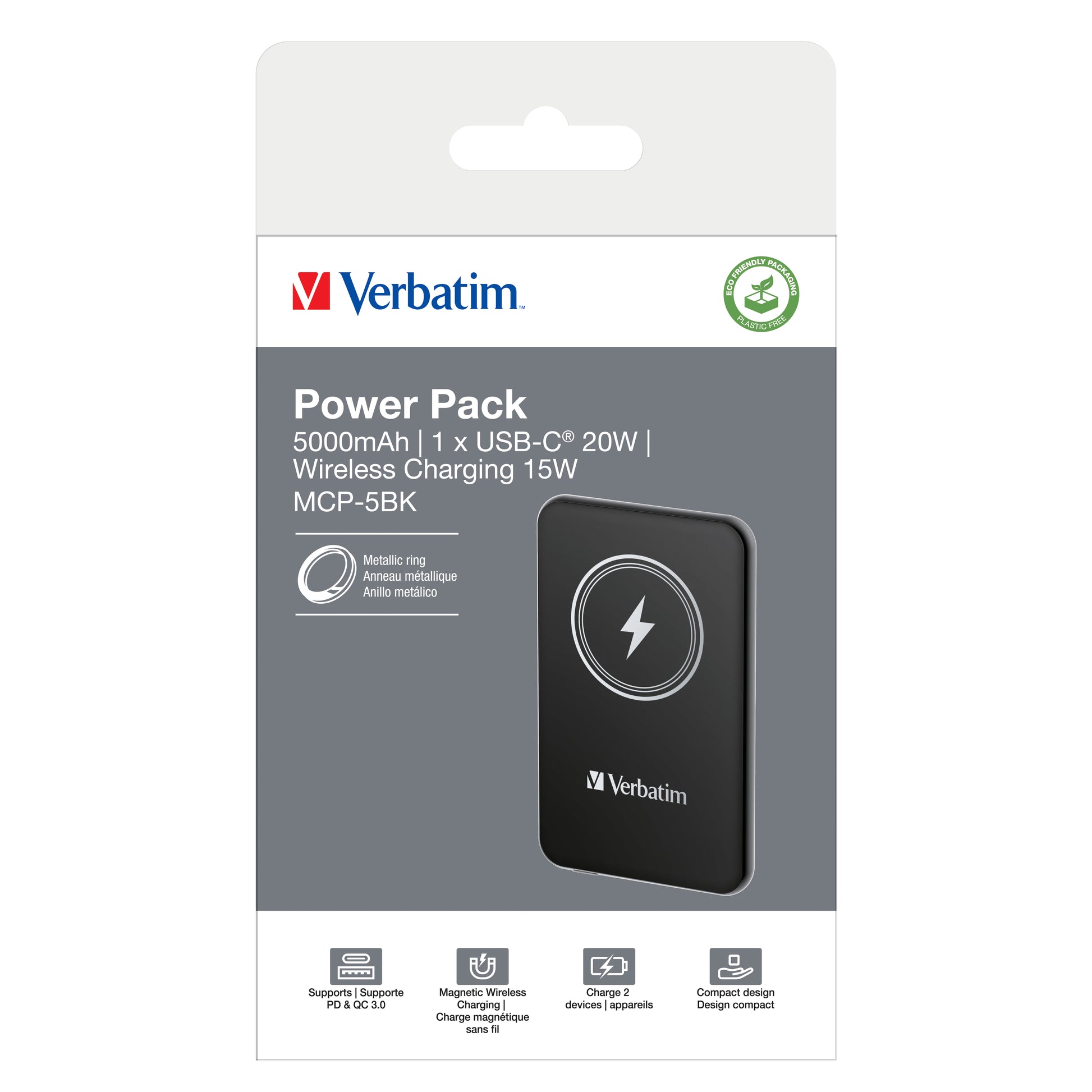 Verbatim Charge 'n' Go MagSafe Powerbank 5'000 mAh – 20 W PD, Wireless 15 W, 1× USB-C, schwarz