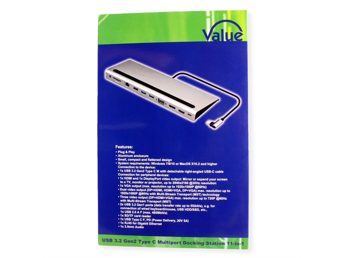 VALUE Dockingstation – USB-C, DP/HDMI/VGA, 3× USB-A, GbE, SD/microSD, 3,5 mm Audio, für Windows/Mac