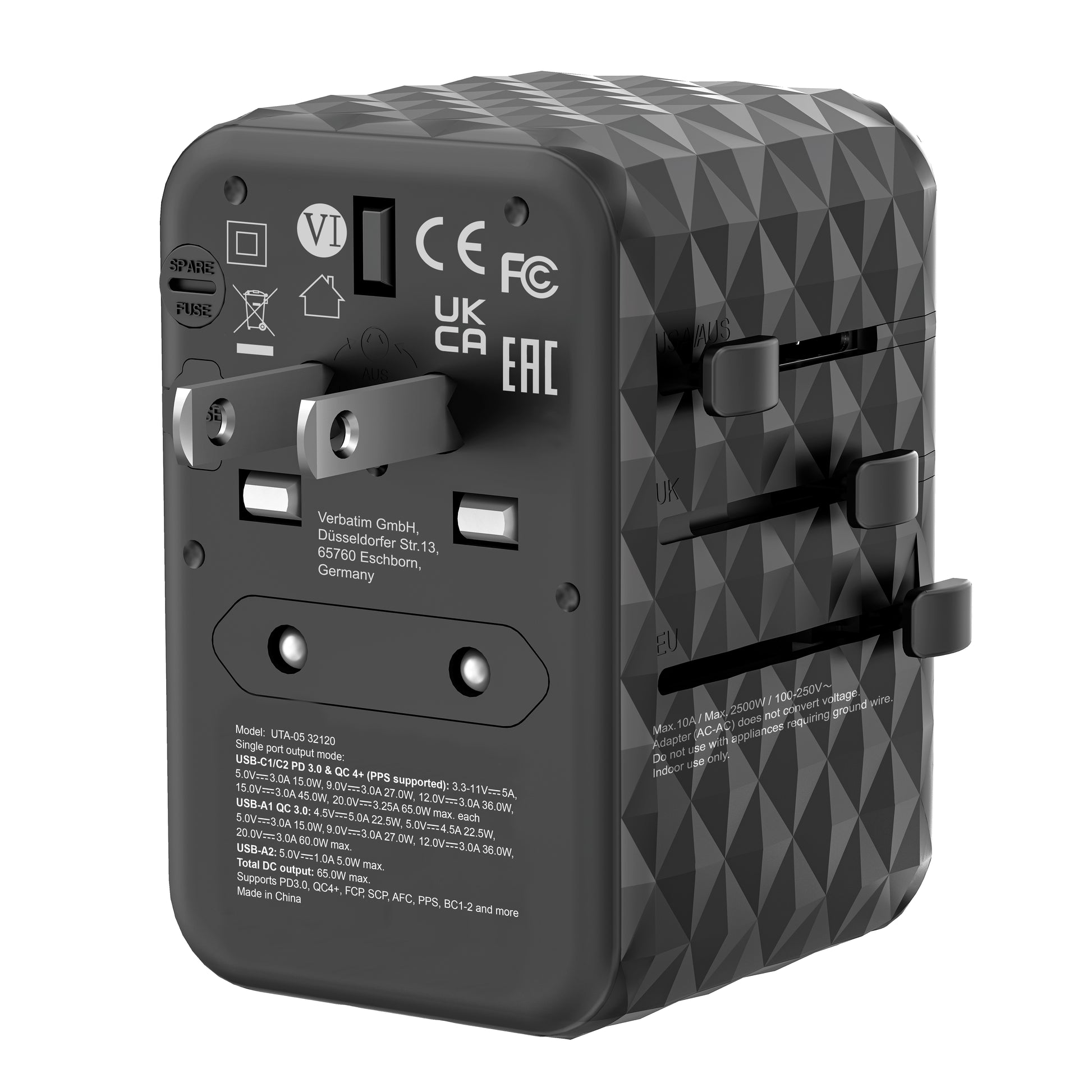 Verbatim Reiseadapter – UTA-05 GaN III Universal, PD 65 W, QC 4+, 2× USB-A, 2× USB-C, Schwarz