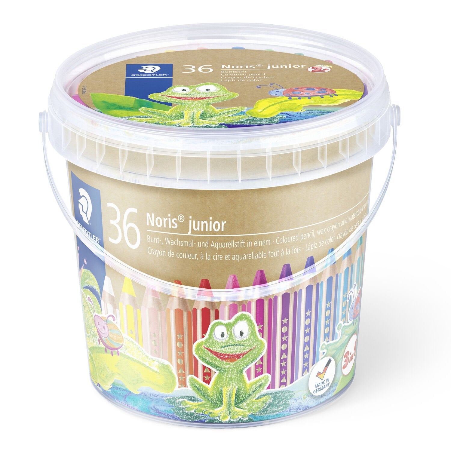 Staedtler Noris junior Buntstifte – 3-in-1, sechskantig, Minendurchmesser 10 mm, 36 Stifte, im Eimer, mit 3 Spitzern