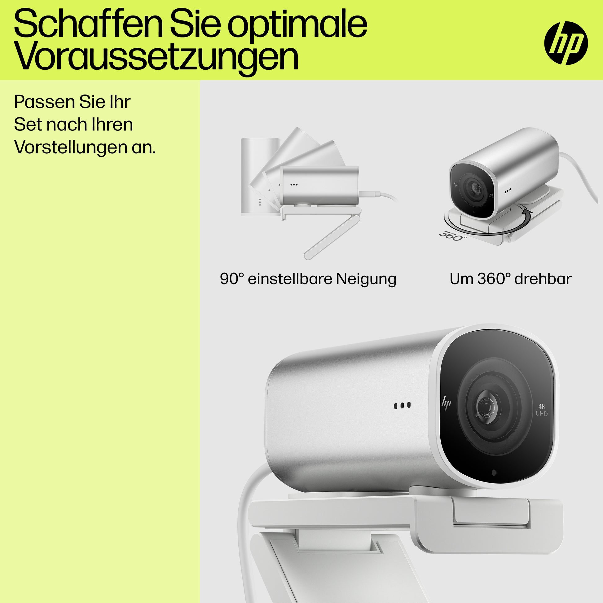HP 960 – Webcam – 4K, bis 30 fps, USB‑A, Autofokus, 5× digitaler Zoom, Stereo-Mikrofon, Silber