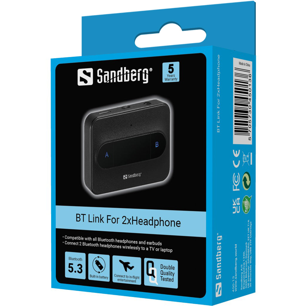Sandberg Bluetooth Link – Bluetooth-Transmitter für 2 Kopfhörer