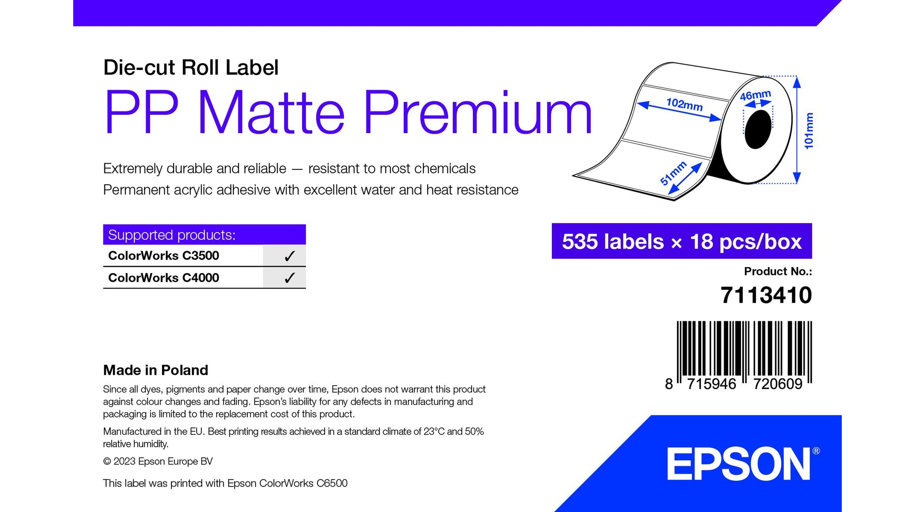 Epson Selbstklebendes Druckeretikett – PP matt, 102 × 51 mm, 535 Etiketten pro Rolle