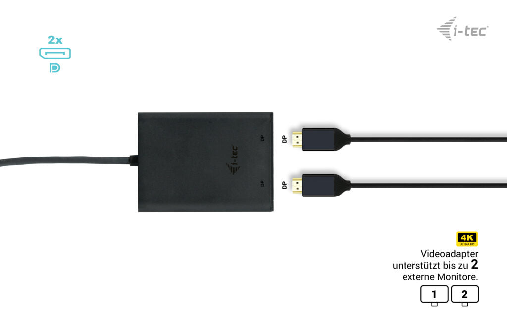 i-tec USB-C zu 2× DisplayPort Adapter – 2× 4K (3840 × 2160) @ 60 Hz / 8K (7680 × 4320) @ 30 Hz, 0,3 m, Schwarz