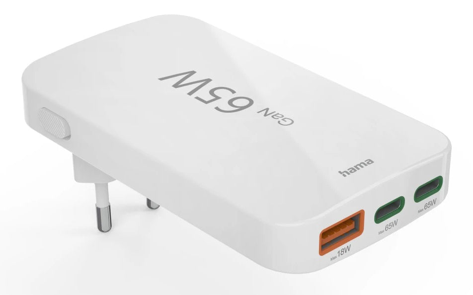 Hama 00125144 USB-Ladegerät 65 W – USB-C×2, USB-A×1 – PD 3.0, QC 3.0, GaN – EU-Stecker (Typ C)