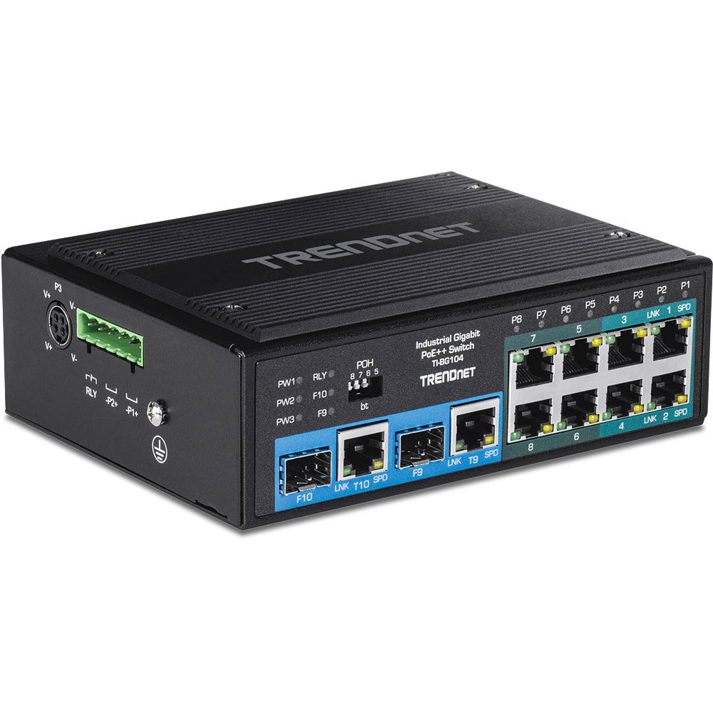 TRENDnet TI-BG104 – Unmanaged Switch – 8× 1G, 2× Combo (SFP/RJ-45), PoE++, PoE-Budget 360 W, DIN-Rail