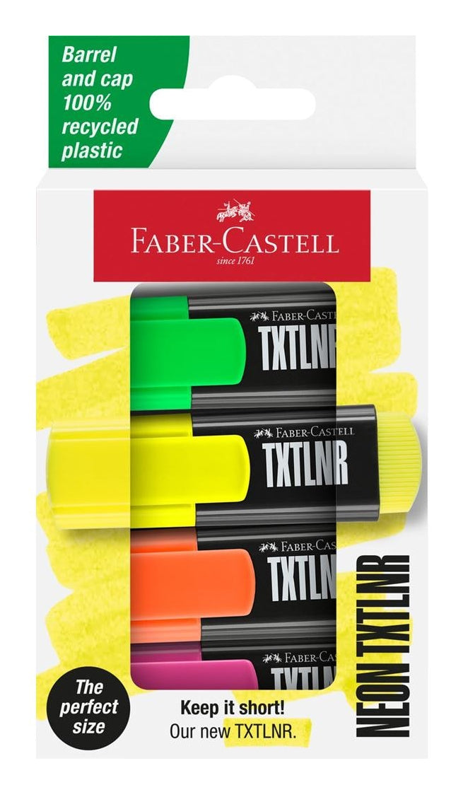 Faber-Castell Textmarker – 4er Set, Farben: Grün/Orange/Pink …, Keilspitze 1–5 mm, nachfüllbar