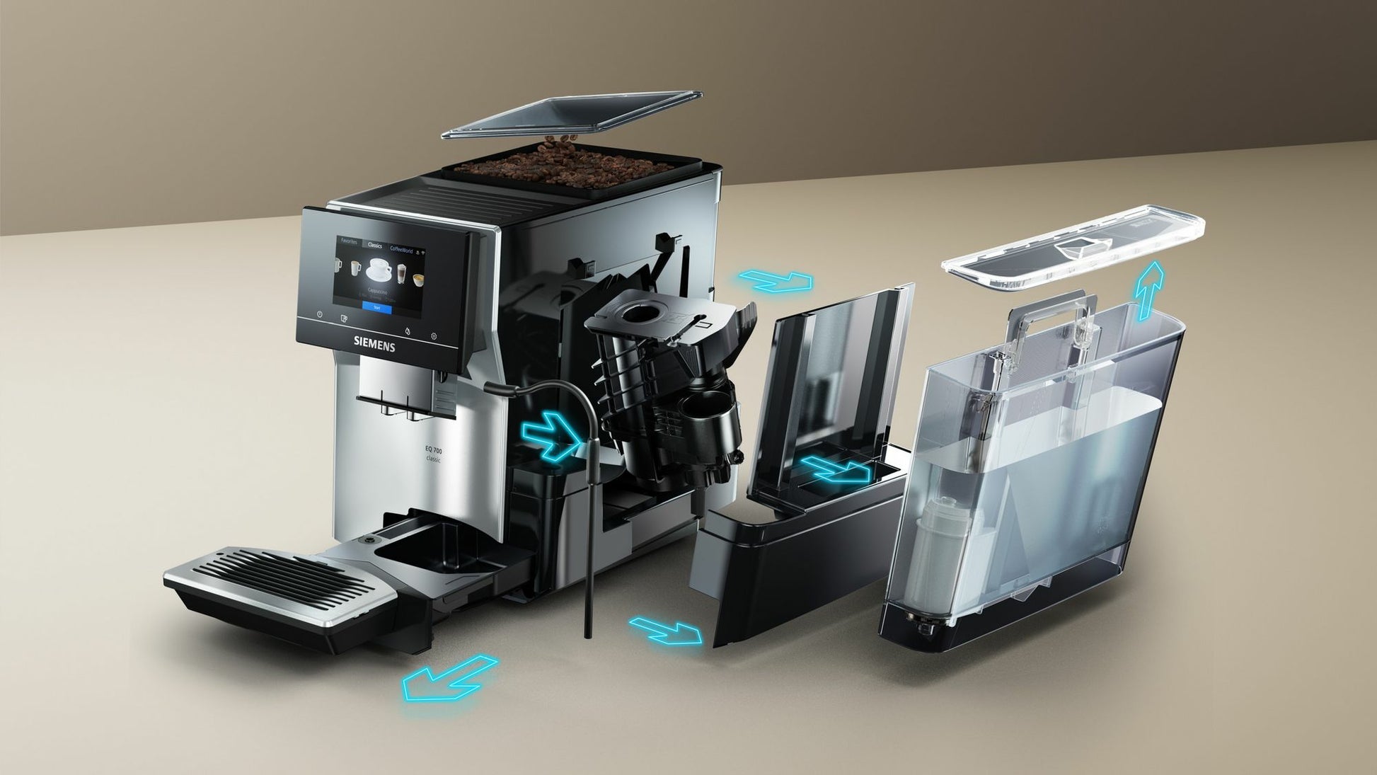 Siemens EQ700 TP715D01 Kaffeevollautomat – 19 bar, 2,4 l, 320 g, Keramik-Mahlwerk, Braun
