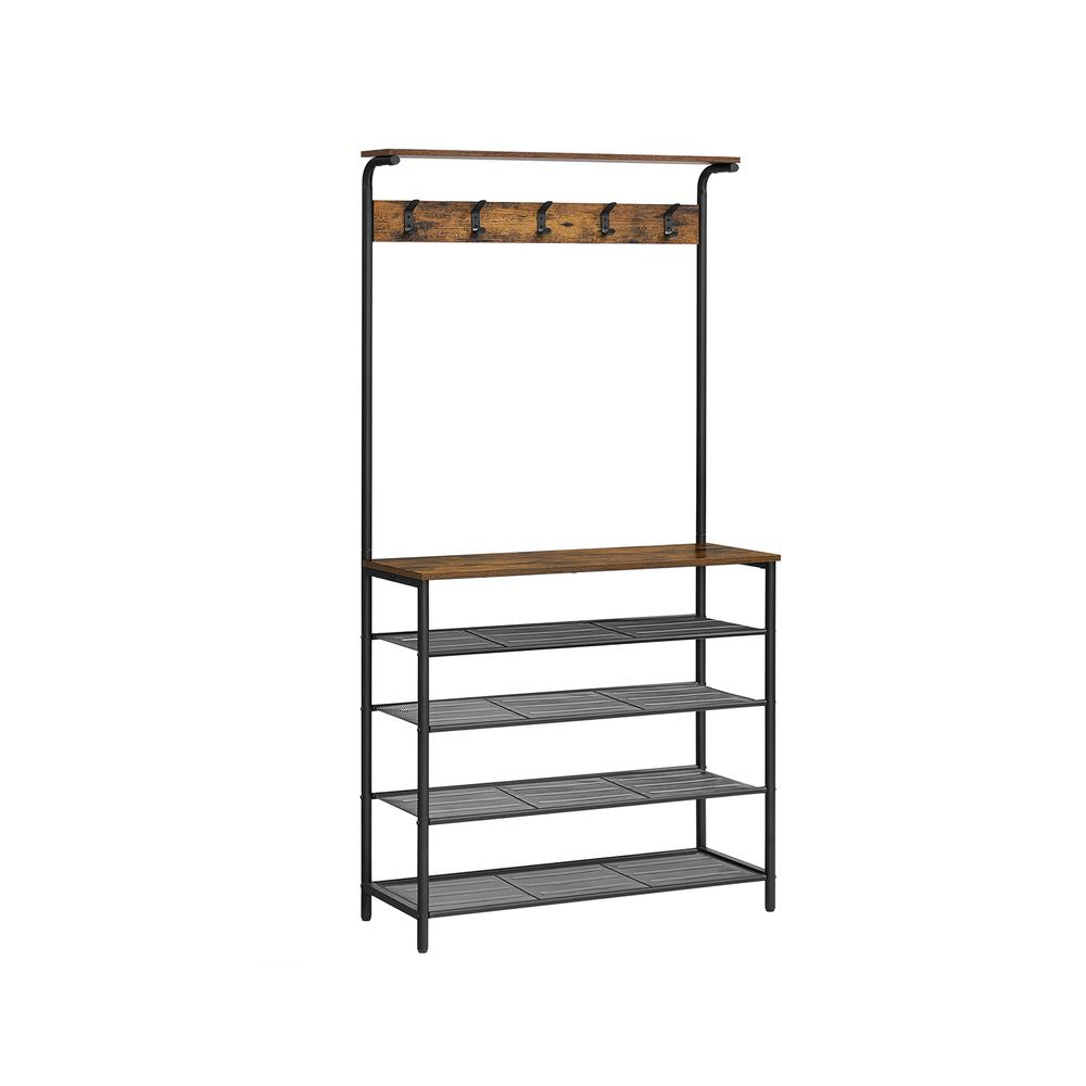 Vasagle Garderobe mit Schuhregal – 5 Haken, Spanplatte/Stahl, Braun/Schwarz, 80 × 31,5 × 183,5 cm