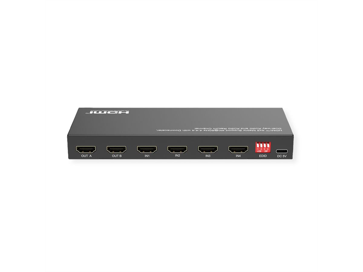 VALUE HDMI Matrix 4×2, 4K@60 Hz, HDCP 2.2, EDID, Toslink, Downscale, IR-Fernbedienung
