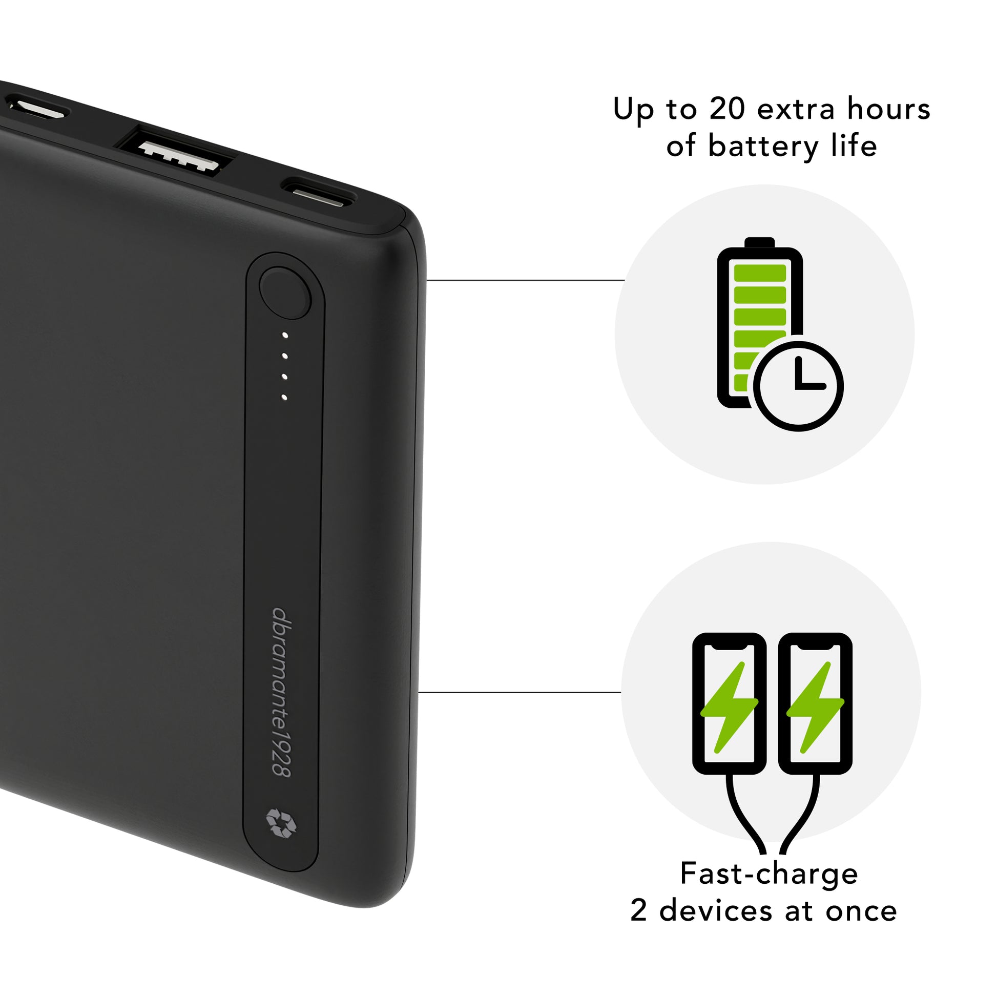 dbramante1928 re-charge Powerbank 5'000 mAh – 10,5 W PD, 1× USB-C, 1× USB-A, schwarz