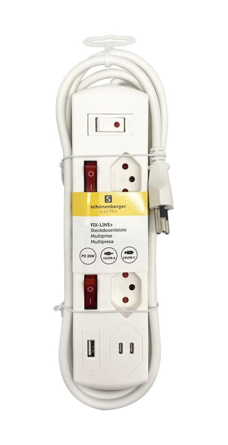 M. Schönenberger Schönenberger Principio+ Steckdosenleiste – 3×T13, 1×USB‑A 20 W + 2×USB‑C PD 15 W, mit Schalter, 2 m – Weiss