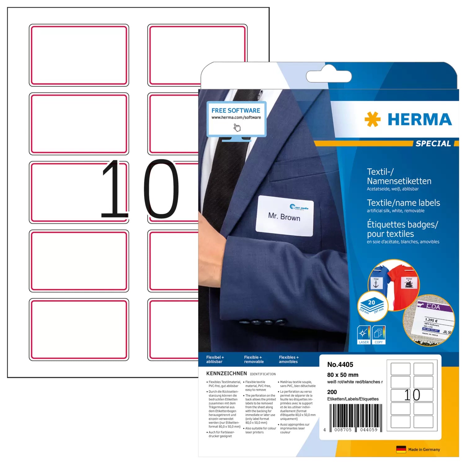 HERMA Schuletiketten – Motiv Rahmen Rot – 80 × 50 mm, Abgerundete Ecken, 200 Stk, 20 Bogen, Textil, Ablösbar
