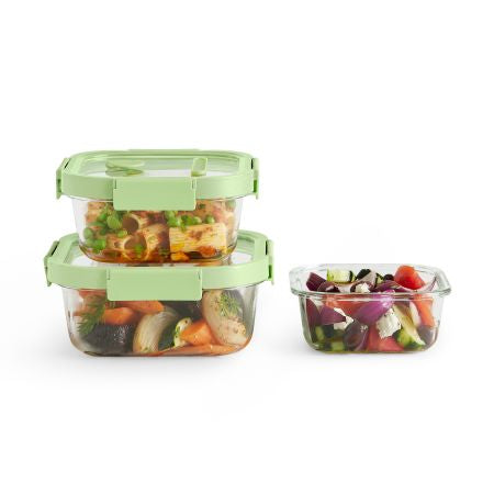 Lékué Vorratsdose 1 l, 23 × 22 × 13 cm, Glas (Borosilikat), 3er-Set, transparent/grün
