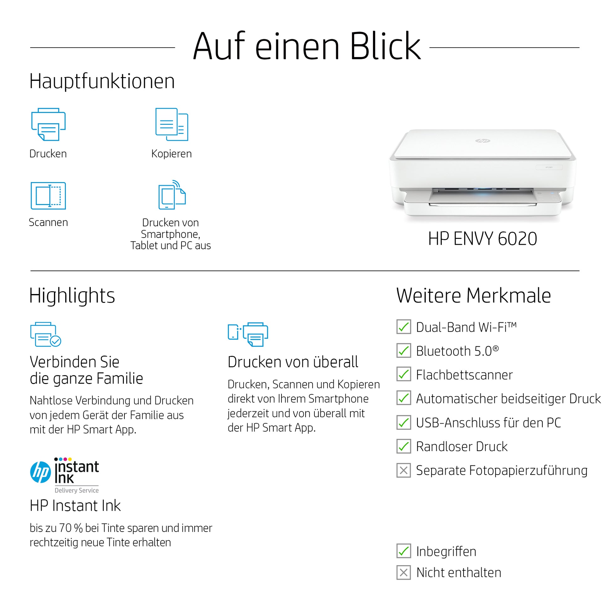 HP ENVY 6022 – Farbtintenstrahl-Multifunktionsdrucker, A4, 3-in-1, Duplex, WLAN, AirPrint, Mopria