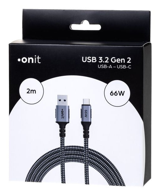 ONIT USB-A auf USB-C Kabel – USB 3.2 Gen 2 (10 Gbit/s) – 2 m – PD 66 W – Textilmantel – Schwarz/Grau