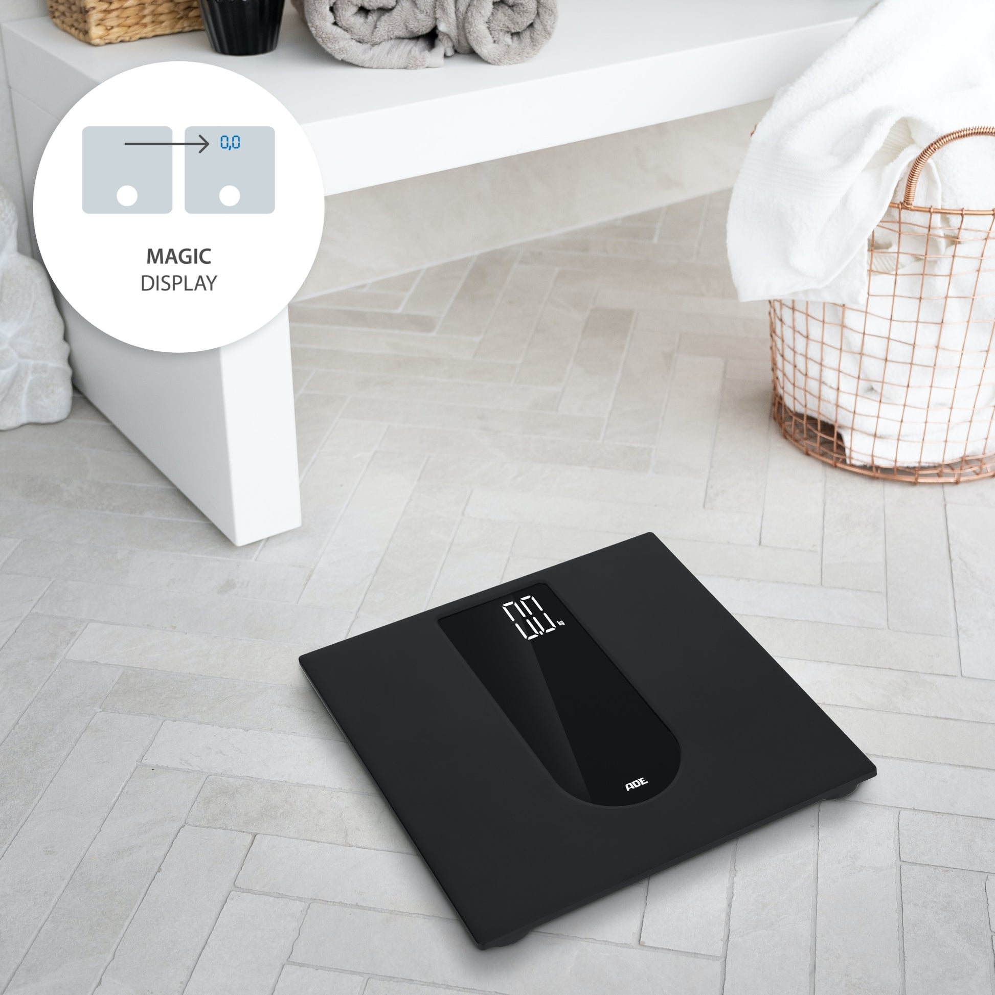 ADE Personenwaage Allegra – 31×31×2,6 cm, Glas, 250 kg, Schwarz