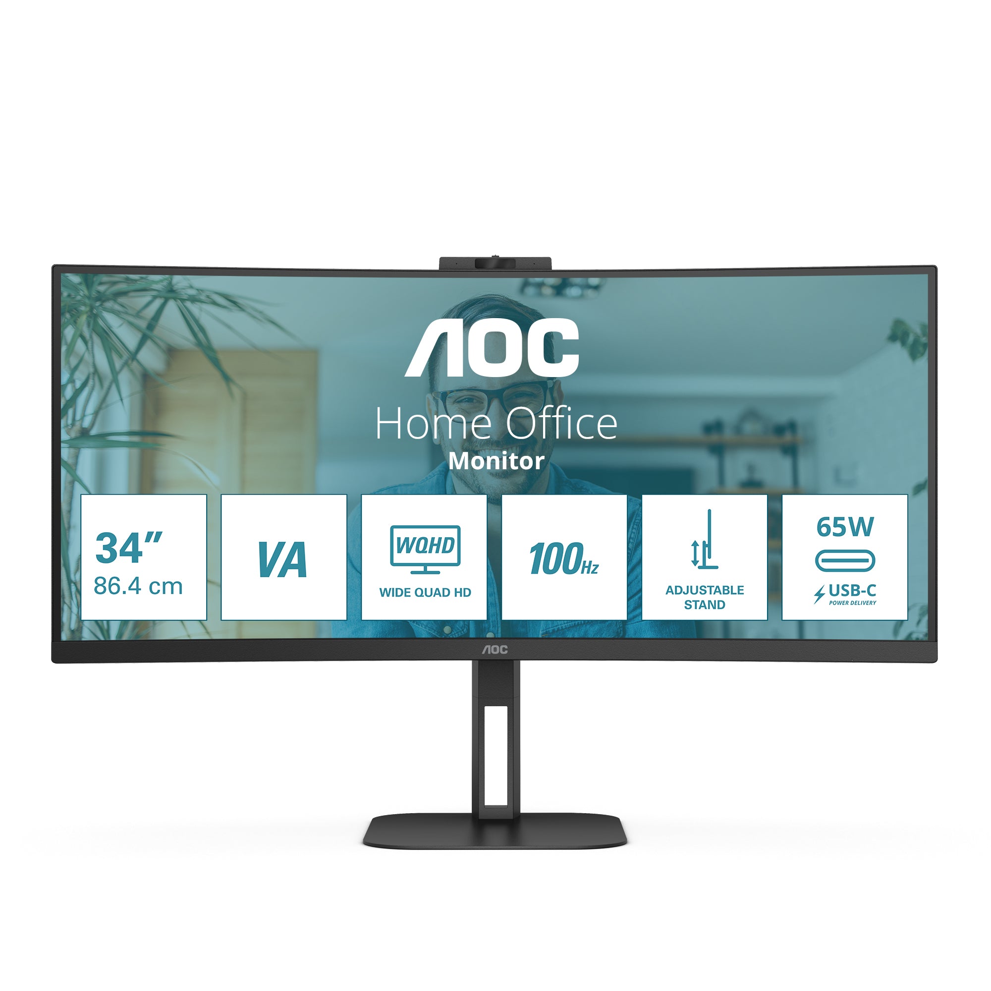 AOC CU34V5CW/BK – Monitor, 34", VA, 100 Hz, 300 cd/m², Webcam, USB-C, VESA 100 × 100, Schwarz