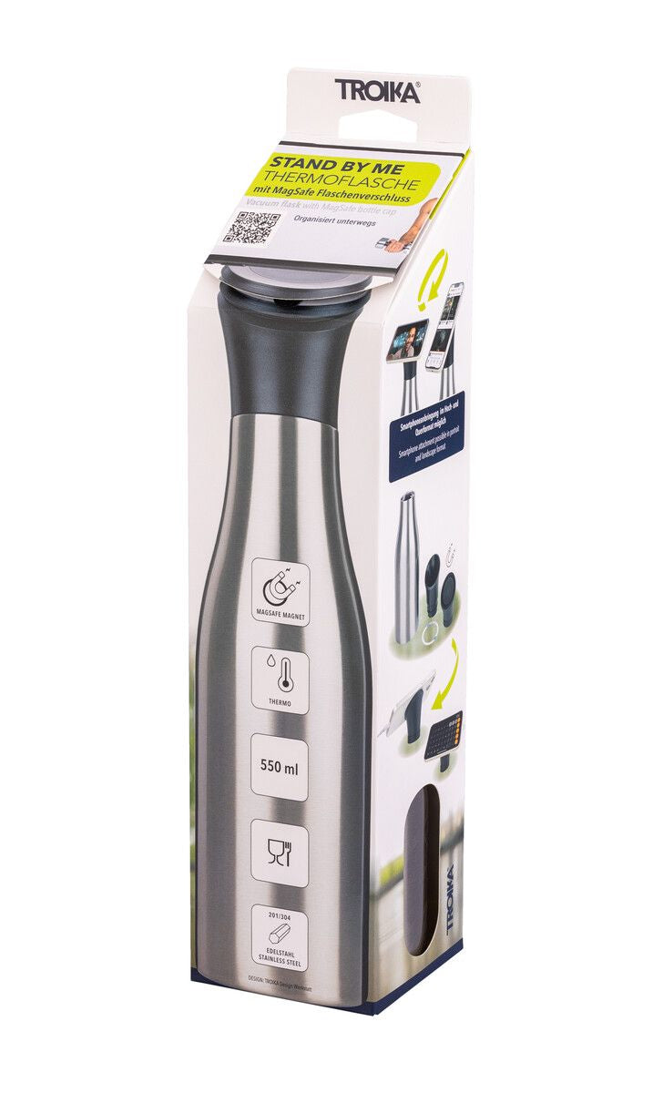 TROIKA Isolierflasche 550 ml – Doppelwandig 12 h Heiss / 24 h Kalt, Edelstahl, Klappdeckel