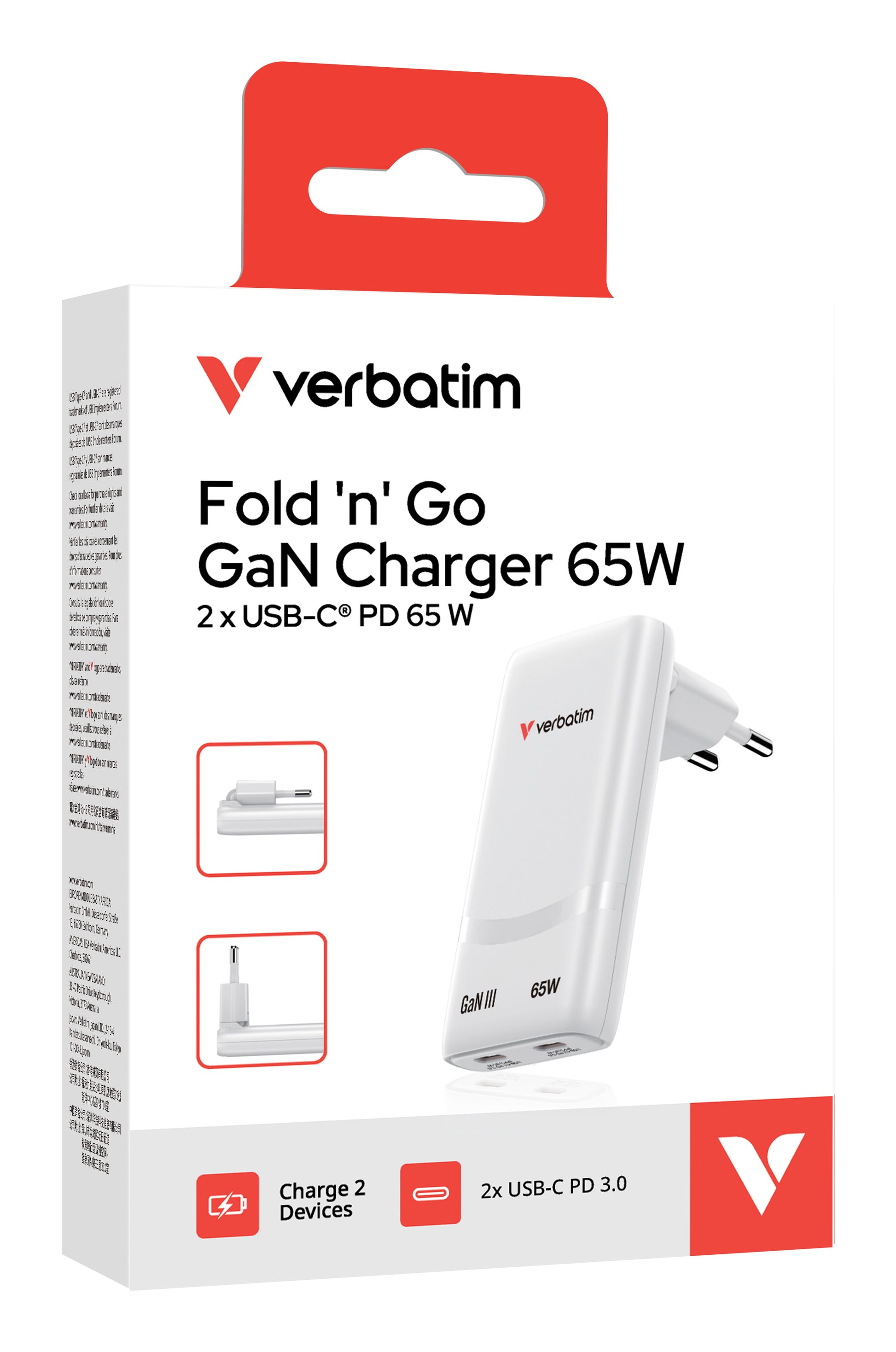 Verbatim Fold N Go GaN USB-Ladegerät 65 W – USB-C×2 – PD – EU-Stecker (Typ C) – für Laptop, Smartphone u. a.