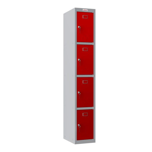 Phoenix Safe Co. PL1430 – Spind, 4 Türen, abschliessbar, 300 × 500 × 1'830 mm, Grau/Rot, Stahl