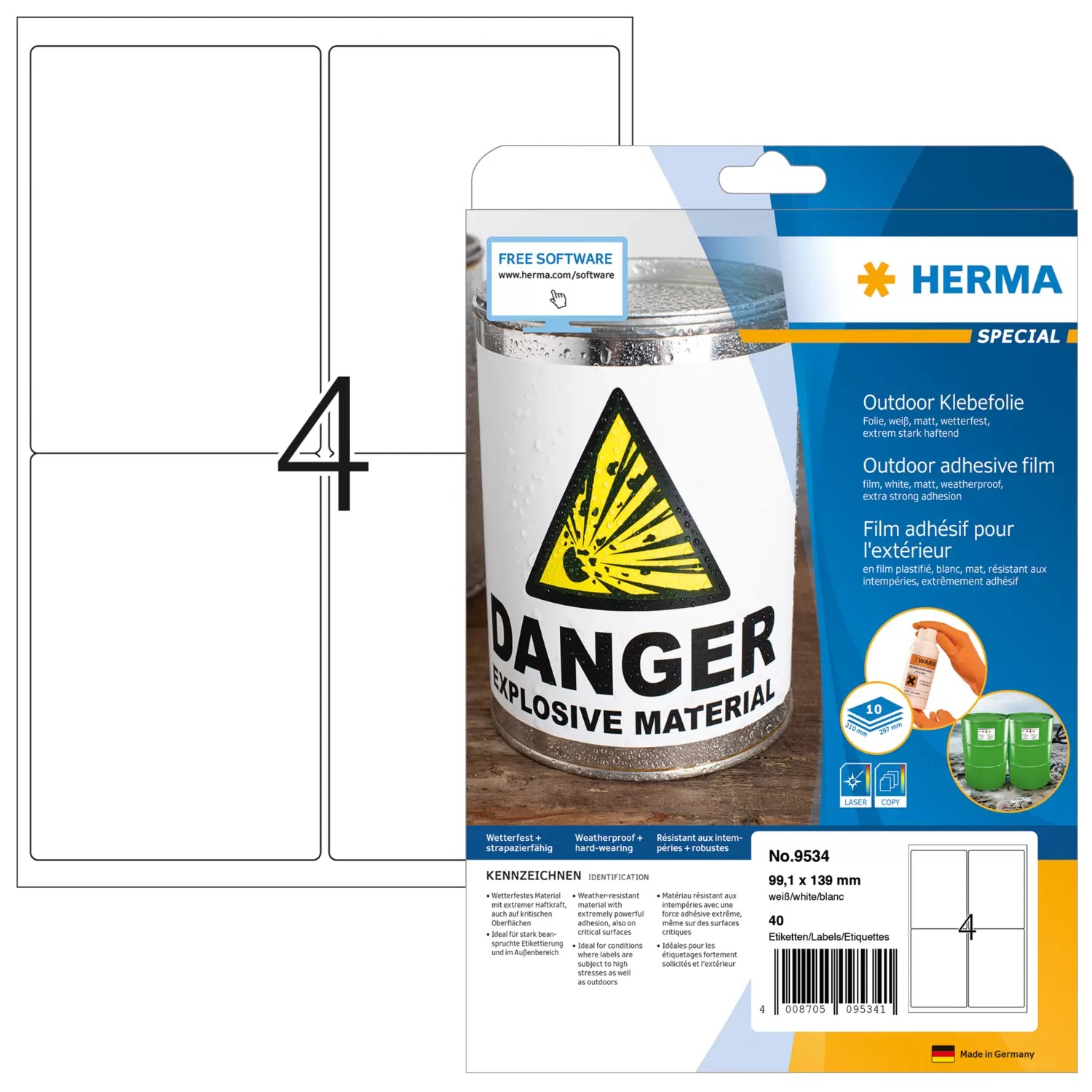 HERMA Druckeretiketten, 99 mm × 139 mm, weiss, Folie, extra stark, 40 Etiketten (10 Blatt)