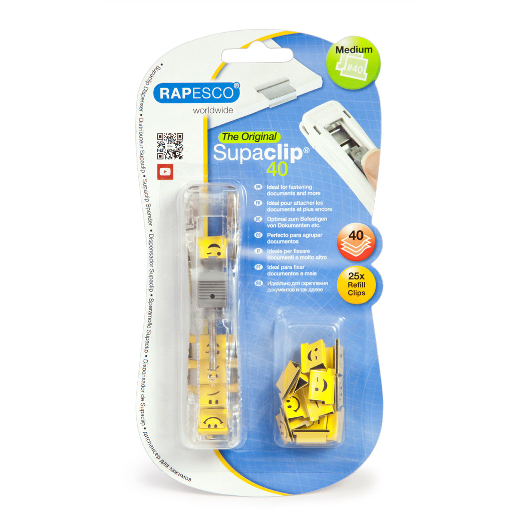 Rapesco Supaclip 40 Spender – gelb, inkl. 25 Clips – 1 Stk.