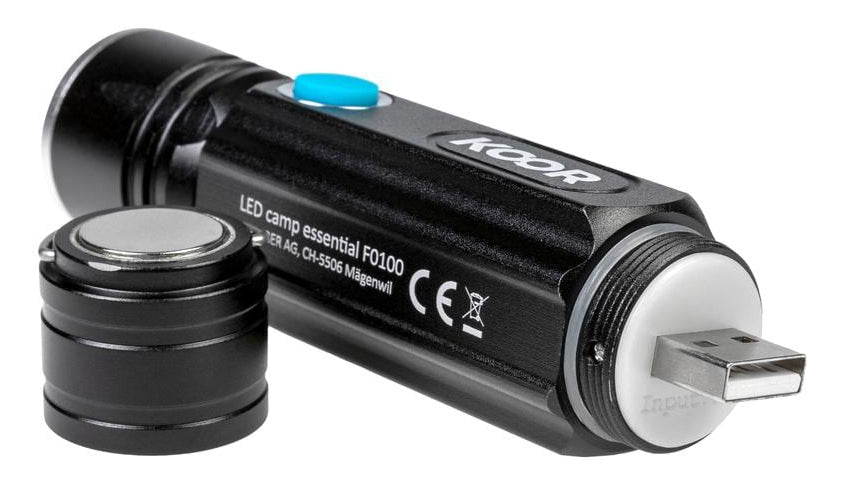 KOOR Taschenlampe P7 – 350 lm, 20 m, IP45, USB, 1200 mAh Akku – Schwarz