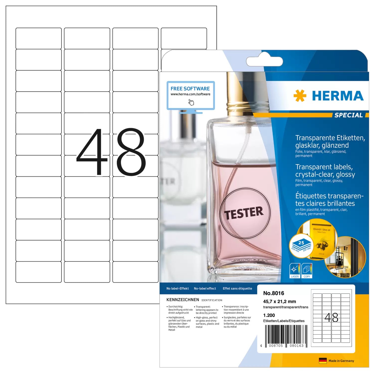 HERMA Drucketiketten, 46 mm × 21 mm, transparent, Folie, permanent, 25 Blatt