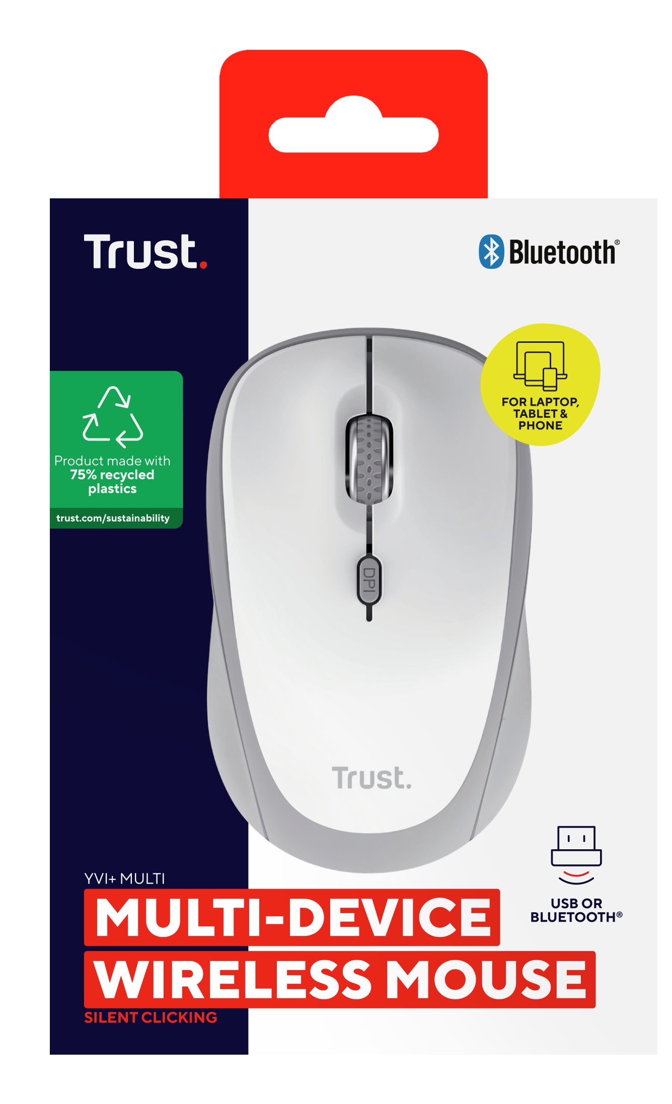 Trust Yvi+ multi Device – Maus – Kabellos (Bluetooth/2,4 GHz), 1600 DPI, beidhändig, Weiss