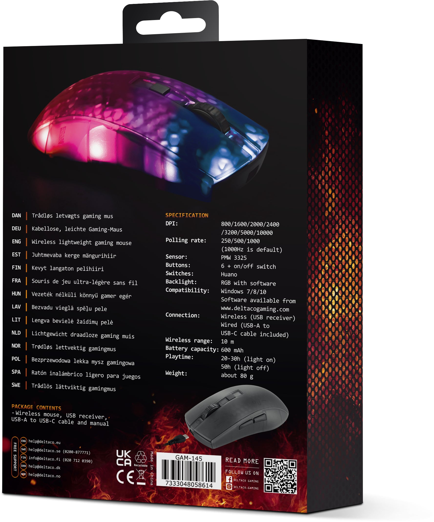 Deltaco Gaming DM320 – Gaming-Maus – Kabellos (2,4 GHz), 10000 DPI, RGB-Beleuchtung, rechts, Schwarz